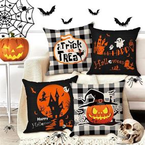 img 2 attached to 🎃 Farmhouse Halloween Decor: Set of 4 Happy Halloween Throw Pillow Covers with Coasters - Buffalo Check Pumpkin Pillows, Ghost Bat Caster, Trick or Treat Decorations (18x18)