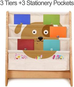 img 2 attached to 🐶 KRAND Kid Storage Book Rack - 3 Tier Solid Pine Wood Bookshelf with Stationery Pocket (Doggie Theme)