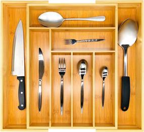 img 4 attached to 🍴 Spacious Bamboo Silverware Organizer - Durable Kitchen Drawer Organizer for Utensils / Flatware - 16.93 x 12.6 - 18.9 x 2.5 inches Silverware Drawer Organizer - Cutlery Organizer