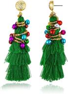 🎄 stylish christmas tree earrings for women and girls: three-layer green tassel design with little gold rice beads, colourful bell winding, long earrings perfect for christmas eve and party celebration logo