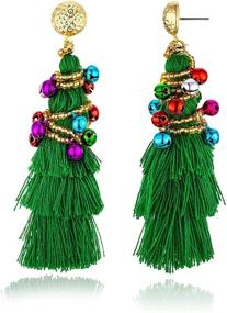 img 4 attached to 🎄 Stylish Christmas Tree Earrings for Women and Girls: Three-layer Green Tassel Design with Little Gold Rice Beads, Colourful Bell Winding, Long Earrings Perfect for Christmas Eve and Party Celebration