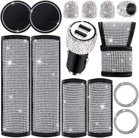 img 4 attached to 🚘 14-Piece Bling Car Accessories Set: Seat Belt Cover, Door Handle Cover, Shift Gear Cover, USB Car Charger, Cup Holder Coasters, Start Button Rings, and Valve Stem Caps (White)