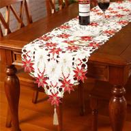 🎄 sattiyrch christmas embroidered table runner 15x69 inch - luxury poinsettia and holly table runner for xmas decorations in white logo