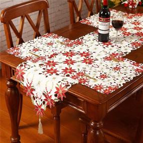 img 1 attached to 🎄 Sattiyrch Christmas Embroidered Table Runner 15x69 Inch - Luxury Poinsettia and Holly Table Runner for Xmas Decorations in White