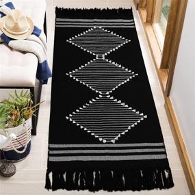 img 1 attached to 🏞️ Boho Kitchen Runner Rug 2'x4', Tiffasea – Machine Washable Cotton Woven Area Rug with Geometric Tassels – Decorative Indoor/Outdoor Mat for Farmhouse, Laundry, Living Room, Bedroom, Bathroom – Black