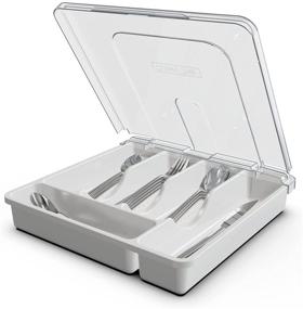 img 4 attached to 🍴 White Plastic Silverware Tray with Lid - 5 Compartments Utensil Drawer Organizer for Kitchen Countertop Storage and Flatware Organization