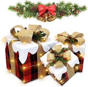 img 4 attached to 🎁 Набор из 3 рождественских подарочных коробок с огнями - накрашенные подарочные коробки с искусственными светами и бантами для оформления на открытом воздухе: на крыльце, тропинке, в доме, на дворе и на вечеринке.