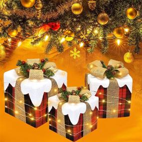 img 1 attached to 🎁 Набор из 3 рождественских подарочных коробок с огнями - накрашенные подарочные коробки с искусственными светами и бантами для оформления на открытом воздухе: на крыльце, тропинке, в доме, на дворе и на вечеринке.