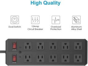 img 2 attached to Многофункциональная длинная розетка с защитой от скачков напряжения настенного монтажа с 10 розетками и 2 выключателями - 15A 125V 1875W, 1,8 м кабель питания SJT 3 / C 14AWG.