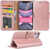 📱 arae pu leather wallet case for iphone 11 – stand feature with 4-slots, wrist strap, and rosegold design logo