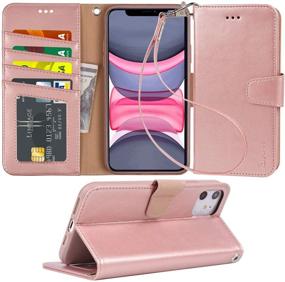 img 4 attached to 📱 Arae PU Leather Wallet Case for iPhone 11 – Stand Feature with 4-Slots, Wrist Strap, and Rosegold Design