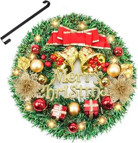 img 4 attached to 🎄 Christmas Wreath for Front Door with LED Lights - 16 Inch Artificial Xmas Wreath with Metal Hanger, Battery Operated Lights, Pine Cones, Red Berries, Bows, and Snowflakes for Festive Decor
