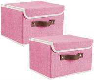 📦 lucky monet 2-pack linen fabric foldable storage bin set - collapsible storage box cube closet organizer with lid & faux leather handle, pink - 10x8x7 inches logo