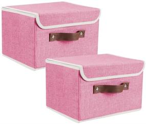 img 4 attached to 📦 Lucky Monet 2-Pack Linen Fabric Foldable Storage Bin Set - Collapsible Storage Box Cube Closet Organizer with Lid & Faux Leather Handle, Pink - 10x8x7 inches