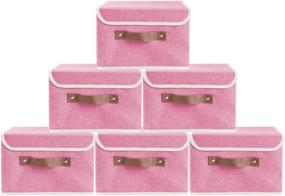 img 2 attached to 📦 Lucky Monet 2-Pack Linen Fabric Foldable Storage Bin Set - Collapsible Storage Box Cube Closet Organizer with Lid & Faux Leather Handle, Pink - 10x8x7 inches