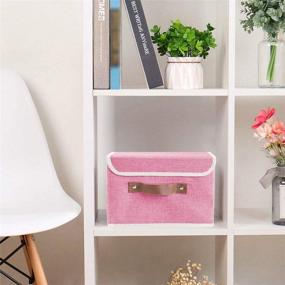 img 3 attached to 📦 Lucky Monet 2-Pack Linen Fabric Foldable Storage Bin Set - Collapsible Storage Box Cube Closet Organizer with Lid & Faux Leather Handle, Pink - 10x8x7 inches