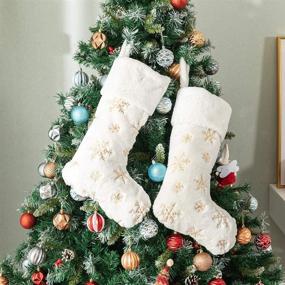 img 4 attached to 🎄 Amidaky Plush Christmas Stockings: Elegant White Fur, 2 Pcs, 22 inches Large Size with Gold Snowflake Sequin Embroidery - Perfect Family Holiday Xmas Party Decorations