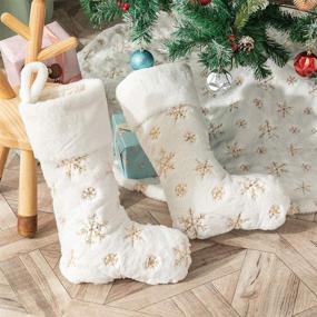 img 2 attached to 🎄 Amidaky Plush Christmas Stockings: Elegant White Fur, 2 Pcs, 22 inches Large Size with Gold Snowflake Sequin Embroidery - Perfect Family Holiday Xmas Party Decorations