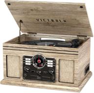 🎶 victrola nostalgic 6-in-1 bluetooth record player & multimedia center - built-in speakers, 3-speed turntable, cd, cassette, am/fm radio, wireless streaming - farmhouse oatmeal logo