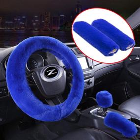 img 4 attached to 🚗 Forala 1 Set of 5 Car Steering Wheel Cover, Handbrake Cover, Gear Shift Cover, Seat Belt Shoulder Pads – Faux Wool, Warm Winter (Blue)