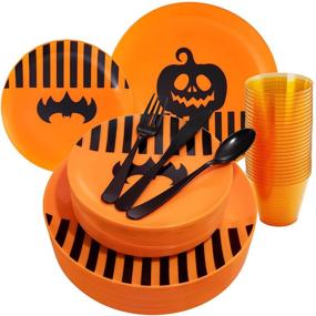 img 4 attached to 🎃 BUCLA 180PCS Halloween Party Tableware Set - Including 30 Pumpkin Plates, 30 Bat Plates, Cups, Cutlery, for 30 Guests