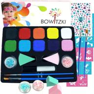 bowitzki face paint kit: 10 colors, 32 stencils, 2 brushes, 2 chunky glitters, 2 sponges, 1 body glue, water-based easy-to-remove face painting for kids – safe professional halloween party makeup set logo