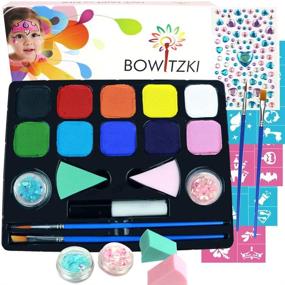 img 4 attached to Bowitzki Face Paint Kit: 10 Colors, 32 Stencils, 2 Brushes, 2 Chunky Glitters, 2 Sponges, 1 Body Glue, Water-Based Easy-to-Remove Face Painting for Kids – Safe Professional Halloween Party Makeup Set