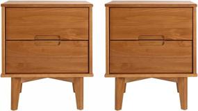 img 3 attached to Walker Edison Mid Century Modern Nightstand - Grooved Handle Wood Side Table with Drawer and Shelf, Bedroom Storage, Bedside End Table, 2 Drawer, Caramel