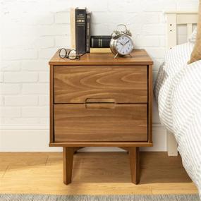 img 4 attached to Walker Edison Mid Century Modern Nightstand - Grooved Handle Wood Side Table with Drawer and Shelf, Bedroom Storage, Bedside End Table, 2 Drawer, Caramel