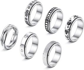 img 4 attached to 💍 Set of 6Pcs Stainless Steel Spinner Rings for Women - Cool Fidget Band Rings with Flower, Moon, and Star Designs - Promotes Stress Relief, Ideal for Wedding and Promise Rings