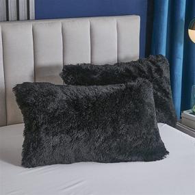 img 2 attached to 🖤 Yaoshuho Plush Fluffy Duvet Cover Set - Queen Size Luxury Ultra Soft Shaggy Bedding in Black