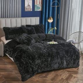 img 3 attached to 🖤 Yaoshuho Plush Fluffy Duvet Cover Set - Queen Size Luxury Ultra Soft Shaggy Bedding in Black