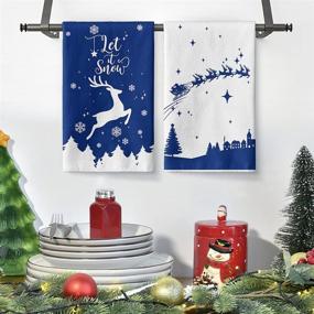 img 1 attached to 🎄 Artoid Режим Лось Снег Веселое Рождество Кухонные Полотенца - Набор из 4 синих зимних праздничных чайных полотенец - 18 x 28 дюймов - ультраабсорбирующая салфетка для вытирания посуды при готовке и выпечке