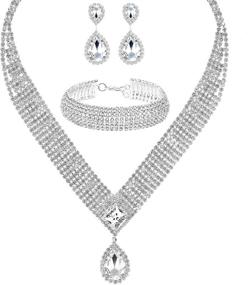 img 4 attached to Свадебный комплект украшений для вечеринки: ринестоновая диадема, ожерелье, браслет, серьги с кристаллами и ринестоновая сумочка для женщин.