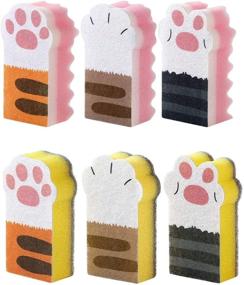 img 4 attached to 🐱 Set of 6 ORYOUGO Cute Cat Claw Kitchen Sponges Dish Scrubber Bowl Pot Non-Scratch Scouring Pads - Home Dishes Washing Cleaning Tool in Pink and Yellow