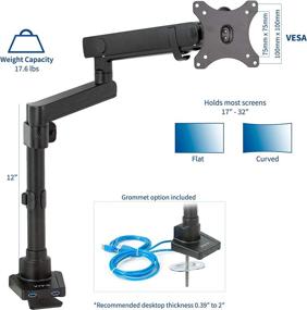 img 3 attached to 💻 Premium Aluminum Single Monitor Desk Mount Stand with Full Motion Lift Engine Arm, Pole Extension, USB Ports - Fits 32 inch Screens, V101BDU