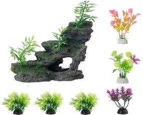 img 3 attached to 🐠 FEDOUR Aquarium Mountain View Stone Ornament: Enhance Your Fish Tank with Moss Tree Rock Cave Landscape and 6pcs Artificial Plants