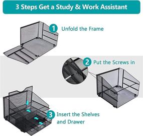 img 1 attached to 🖤 Black Desk Organizer with Drawer - Mesh Office Supplies Organization for Women - Workspace Storage with 4 Compartments - Home Desktop Paper Pen Shelf (12.8 x 12.4 x 9 Inch)