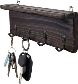 img 3 attached to Rustic Wood Wall Mounted Key Holder with 4 Metal Hooks for Hats, Handbags, Leashes - Industrial Entryway, Bathroom, Living Room, Kitchen Organizer