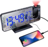 bedroom projection alarm clock with ceiling display, dual alarms, usb charger port, temperature & humidity display, 7.3” large mirror led screen, loud alarm, black with blue font logo