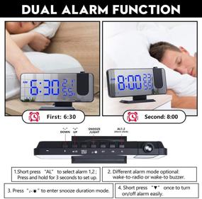 img 1 attached to Bedroom Projection Alarm Clock with Ceiling Display, Dual Alarms, USB Charger Port, Temperature & Humidity Display, 7.3” Large Mirror LED Screen, Loud Alarm, Black with Blue Font