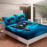 🎮 gaming bedding set for kids full size - soft microfiber gamer console video game fitted sheet for boys and teens - game room decor bed cover with 2 pillow cases (flat sheet not included) - blue logo