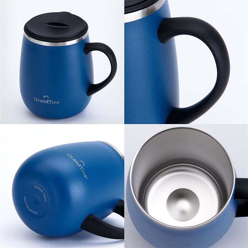 GrandTies Insulated Coffee Mug with Handle - Wine-Glass Shape Thermal Tumbler with Sliding Lid for Splash-proof -16 oz, Black