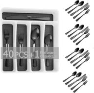 black 40-piece silverware set with elegant organizer - service for 8, mirror polished & dishwasher safe - includes knife, fork, spoon and 5-compartment non slip drawer tray (black) логотип