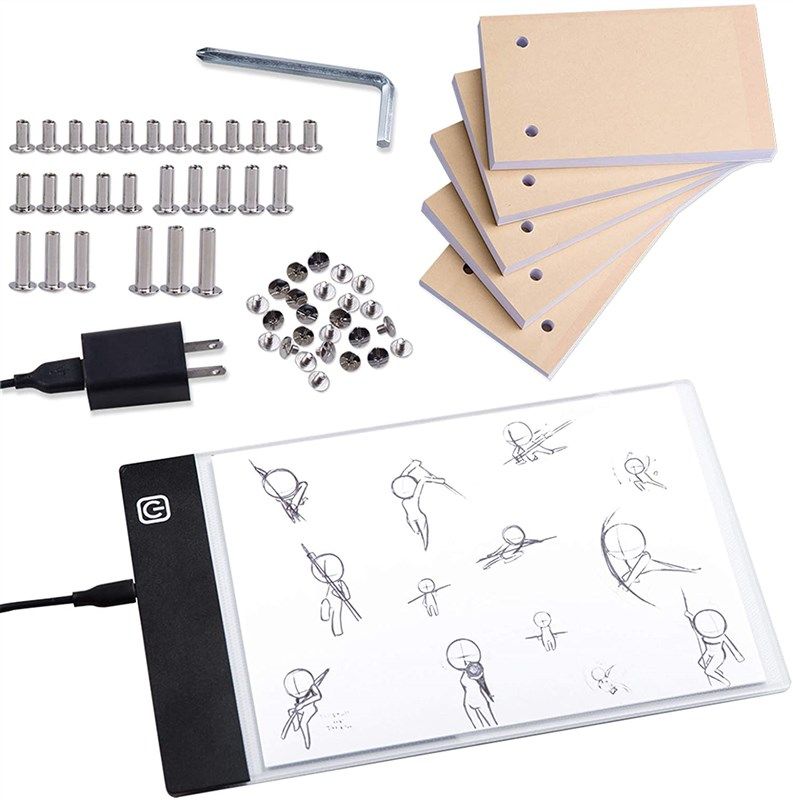 Portable Flip Book Kit with Light Pad Tablet LED Light Box 3 Level  Brightness Control 300 Sheets Flipbook Paper with Binding Screws for  Tracing and Drawing 