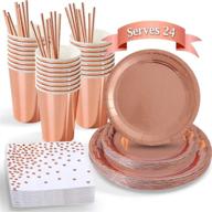 🌹 all prime rose gold party pack: plates, napkins, cups, straws for 24 guests - 146 pieces foil enhanced rose gold paper salad/dessert dinner plates cups napkins straws; perfect rose gold bachelorette party supplies logo