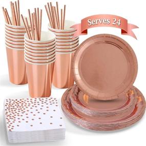 img 4 attached to 🌹 All Prime Rose Gold Party Pack: Plates, Napkins, Cups, Straws for 24 Guests - 146 Pieces Foil Enhanced Rose Gold Paper Salad/Dessert Dinner Plates Cups Napkins Straws; Perfect Rose Gold Bachelorette Party Supplies