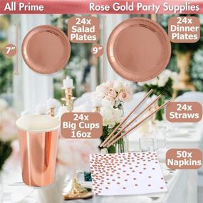img 3 attached to 🌹 All Prime Rose Gold Party Pack: Plates, Napkins, Cups, Straws for 24 Guests - 146 Pieces Foil Enhanced Rose Gold Paper Salad/Dessert Dinner Plates Cups Napkins Straws; Perfect Rose Gold Bachelorette Party Supplies
