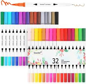 img 4 attached to 🖌️ Soucolor Dual Tip Brush Markers Pens - 32 Fineliner Point and Brush Marker Set for Journaling, Hand Lettering, Adult Coloring Book, Note Taking, Writing, Drawing, Sketching, Planner