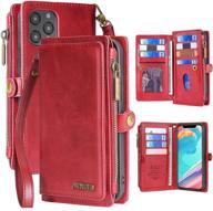 📱 red mincyb case: iphone 12 pro max leather wallet case with wristlet strap - 2 in 1 zipper detachable magnetic flip folio covers - suitable for apple iphone 12 pro max logo